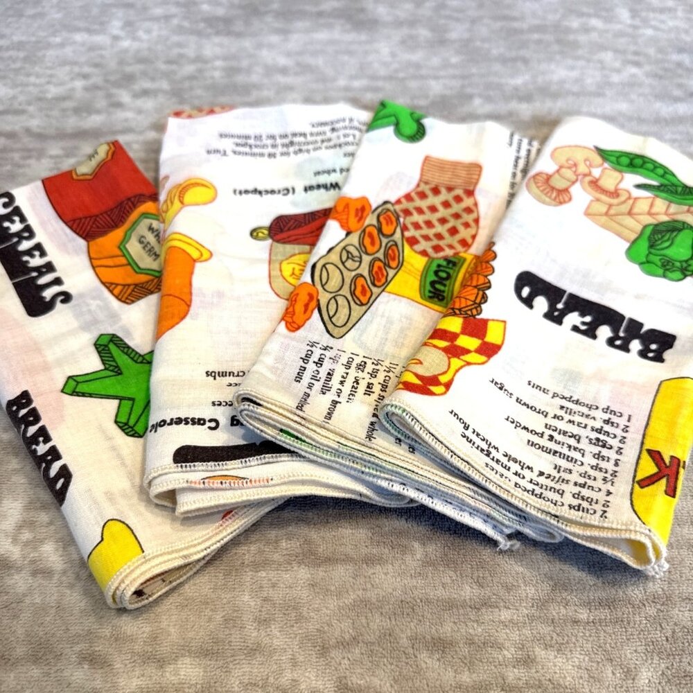 Vintage Kitchen Recipe Print Cotton Napkins Handkerchiefs Set Of 4